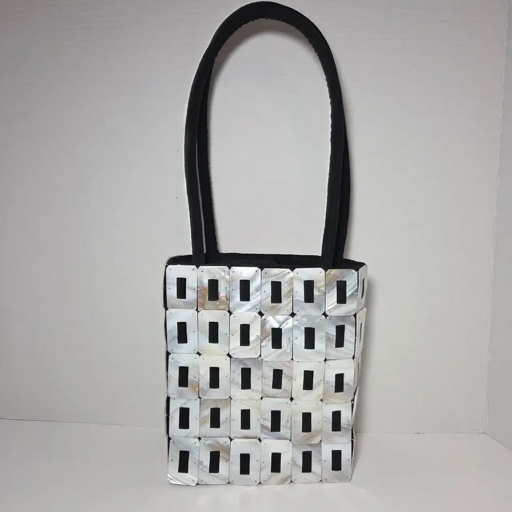 Vtg Mother of Pearl Shell Tile Mosaic Handbag Black White Purse Boho Mermaidcore